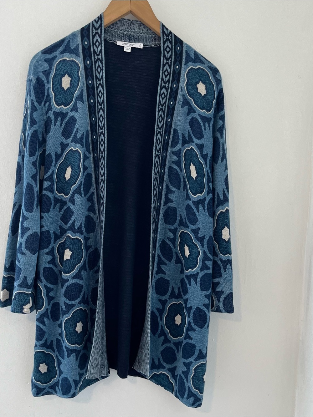 Chico's Blue Floral Jacquard Open Cardigan